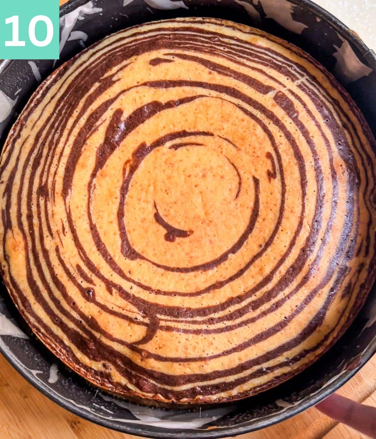 Zebra cake baked and ready out of the oven.