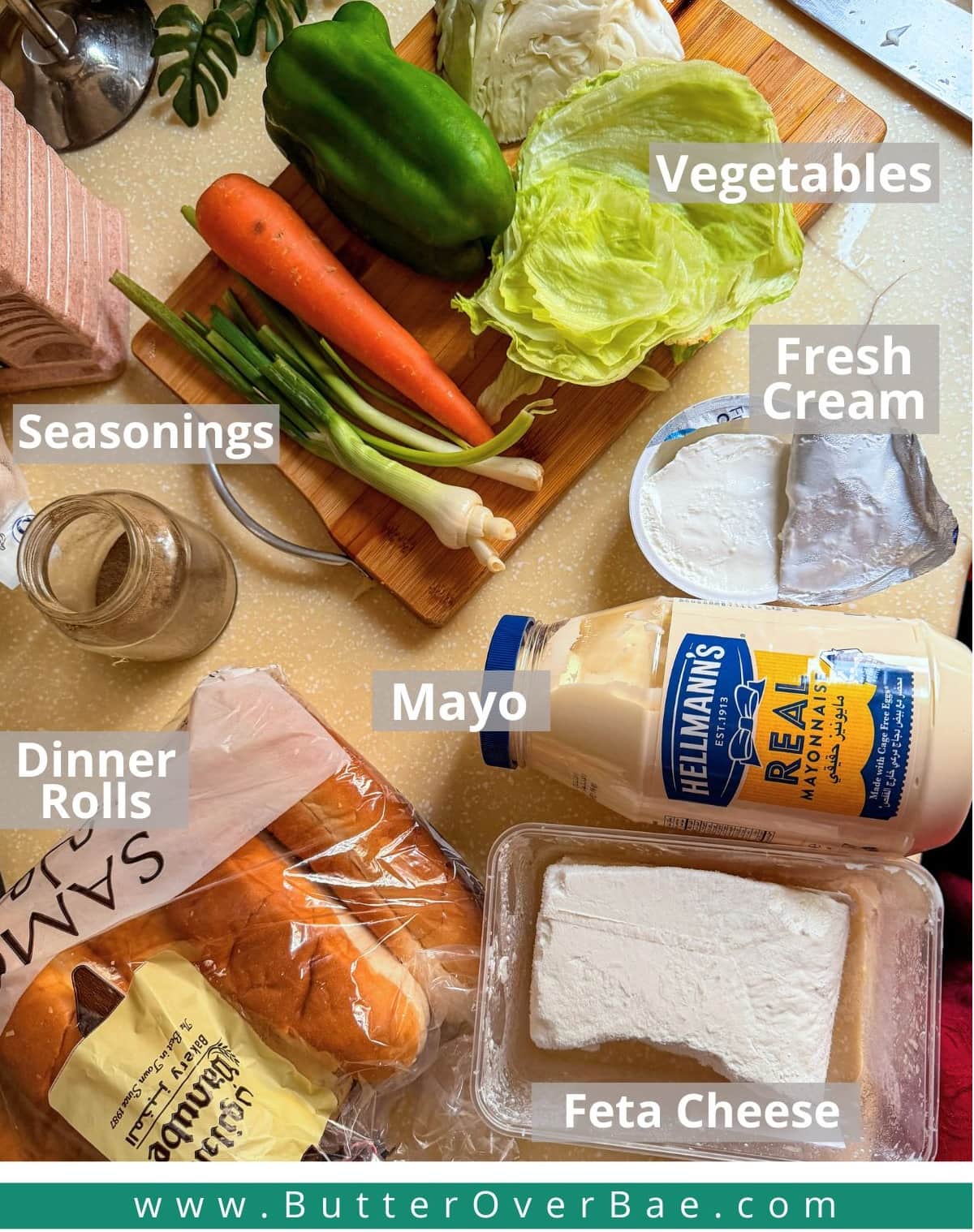 ingredients for sandwiches labelled.