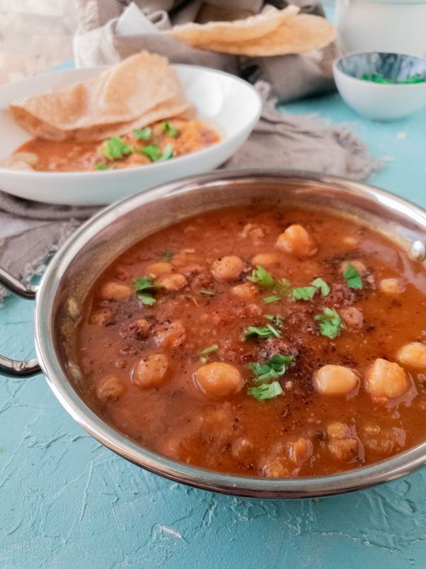 cholay kas salan or chickpea curry in a steal handi 