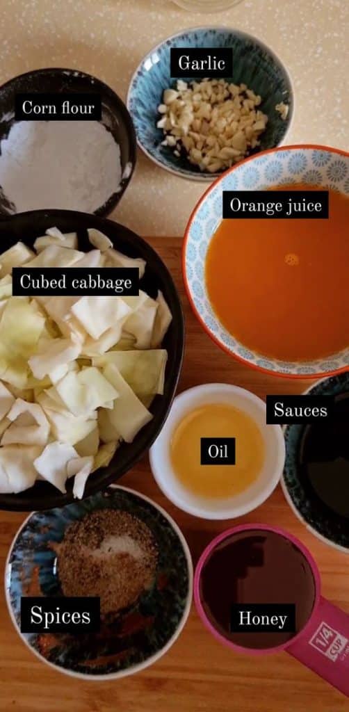 ingredients for orange sauce shown in separate bowls and labelled