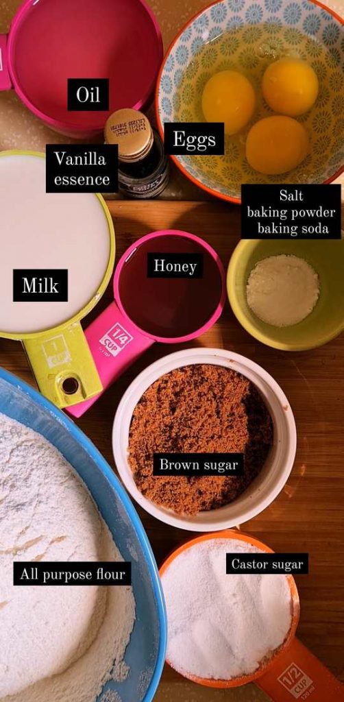 all ingredients laid out for rose honey milk cake