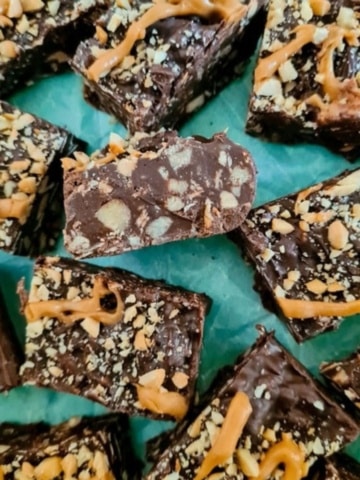 chocolate oatmeal bars on paper.