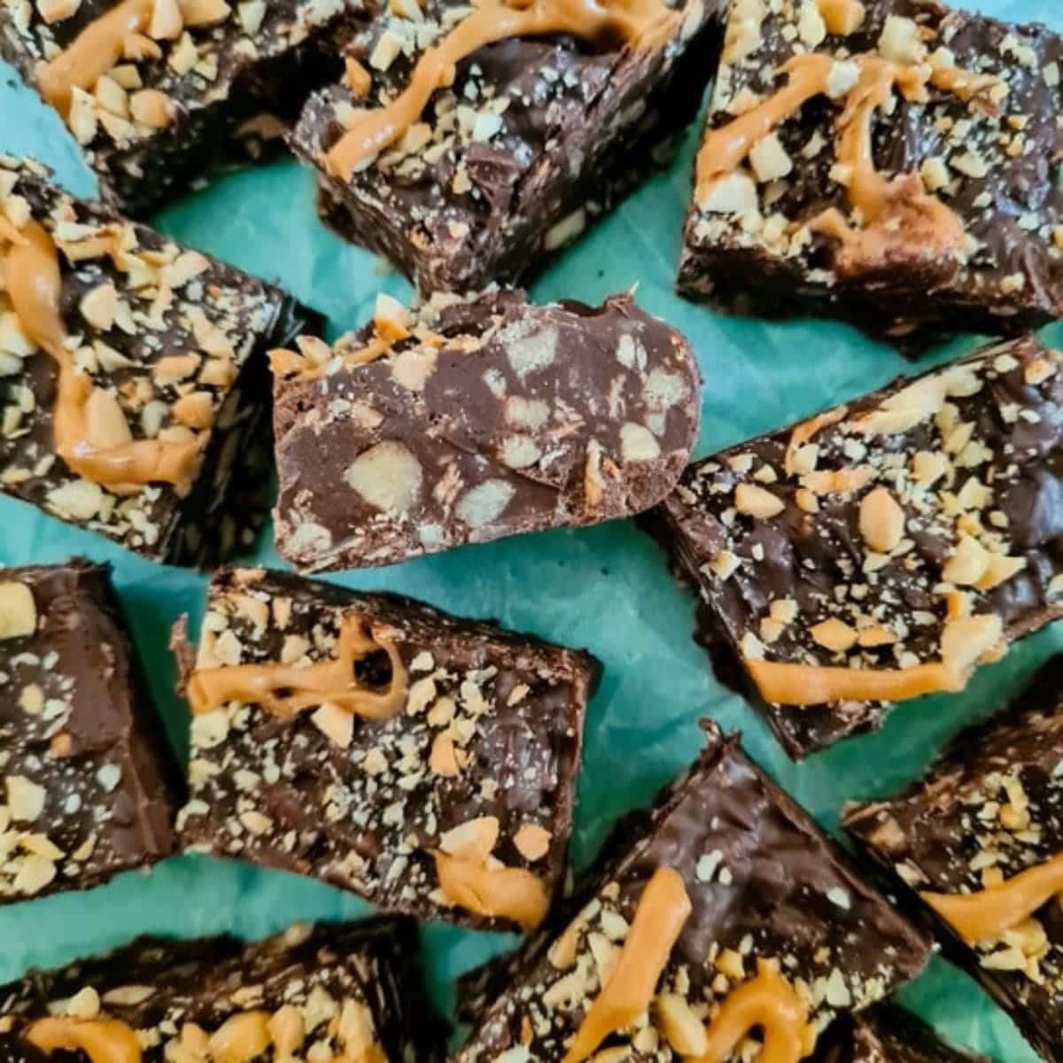 chocolate oatmeal bars on paper.