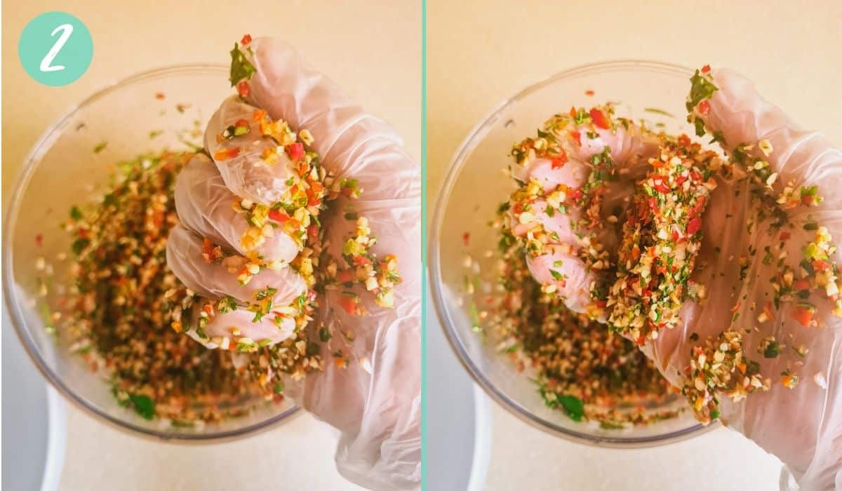 2 picture collage to show steps of cooking - 1. gloved hand squeezing out liquid from chopped herbs 2. squeezed herb mixture shown