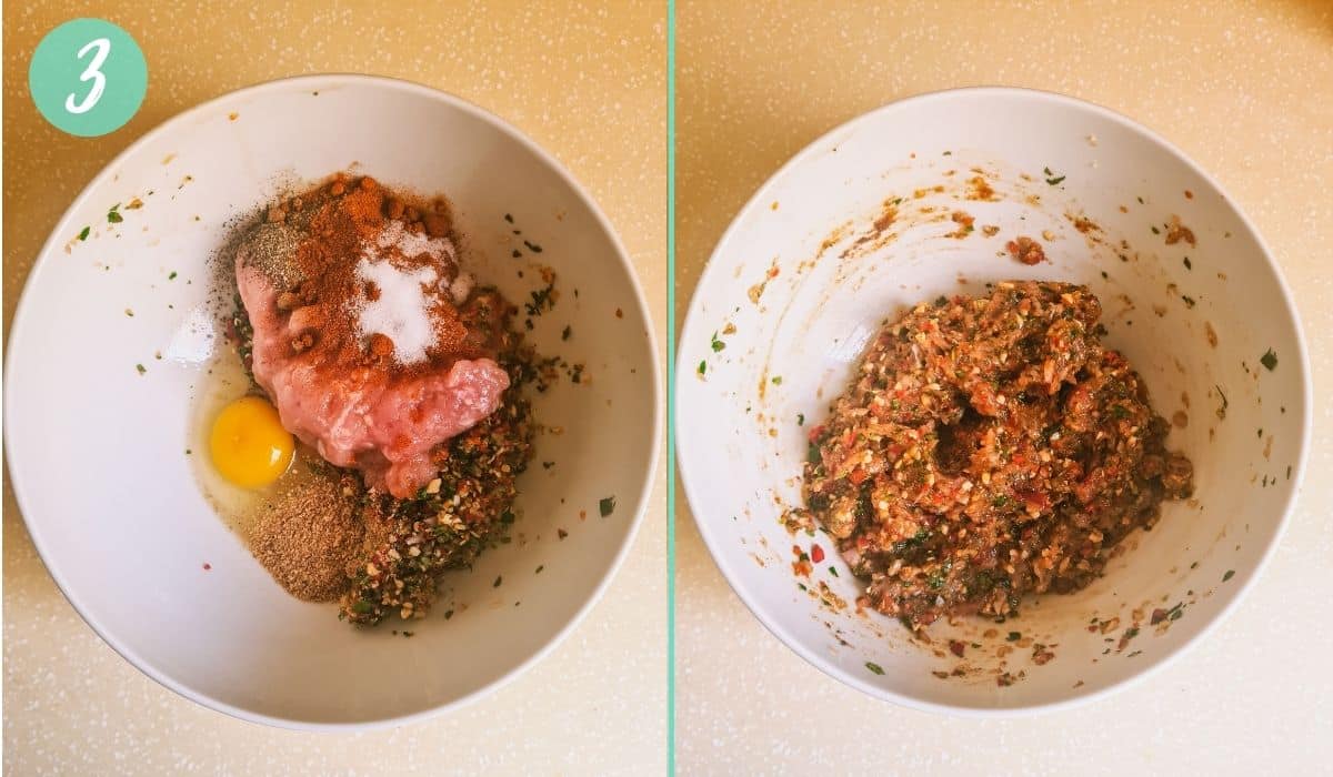 2 picture collage to show steps of cooking - 1. ingredients for kabab mixture added to a bowl 2. ingredients for kabab mixture kneaded together