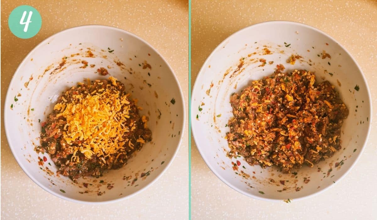 2 picture collage to show steps of cooking - 1. adding cheese to kabab mixture. 2. cheese incorporated in the raw kabab mixture