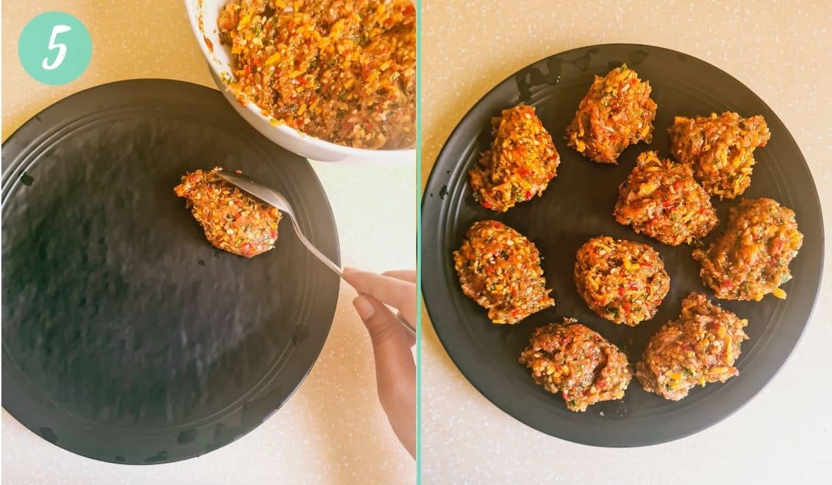 2 picture collage to show steps of cooking - 1. tablespoon scooping out a portion of kabab mixture onto a plate 2. multiple portions of kababs ready