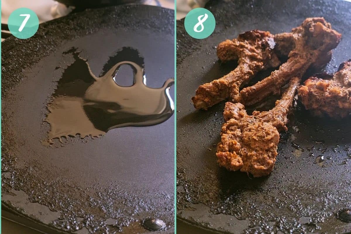 2 picture collage - #1 has a black pan with some oil in it. #2 has mutton chops grilling on a black pan