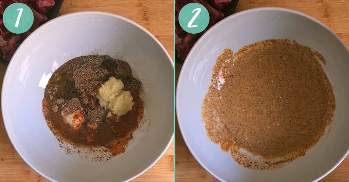 2 picture collage - Pic 1 shows unmixed marinade in a white bowl. Pic 2 shows marinade mixed smoothly