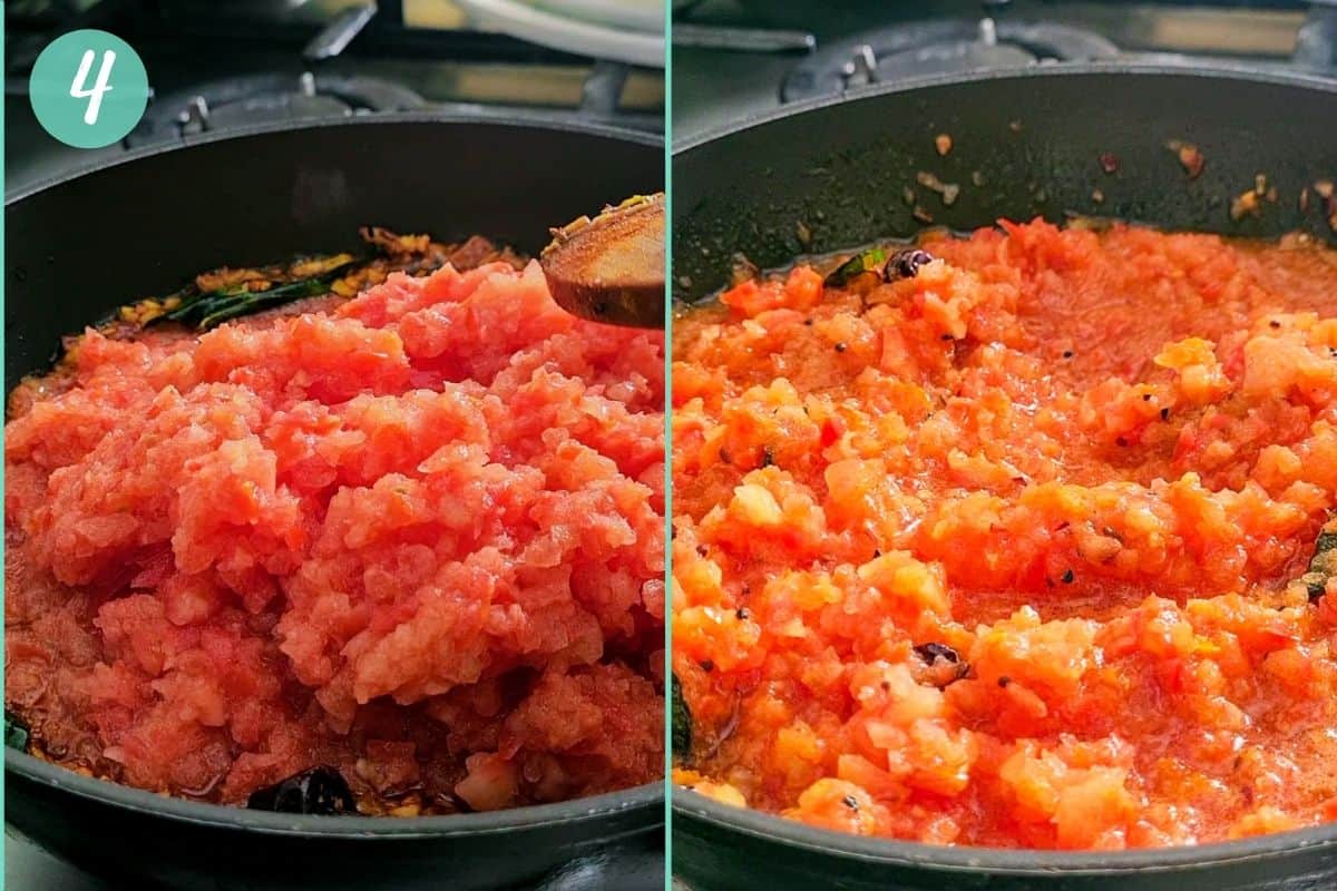 2 picture collage; Image 1 shows raw finely chopped tomato in a black pan, Image 2 shows semi cooked tomatoes in spices in a black pot