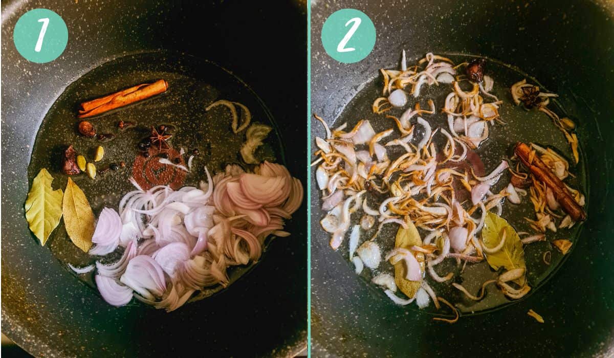 2 picture collage. Image 1 shows raw onions and whole spices in oil. Image 2 shows caramelized onions in oil in a pot