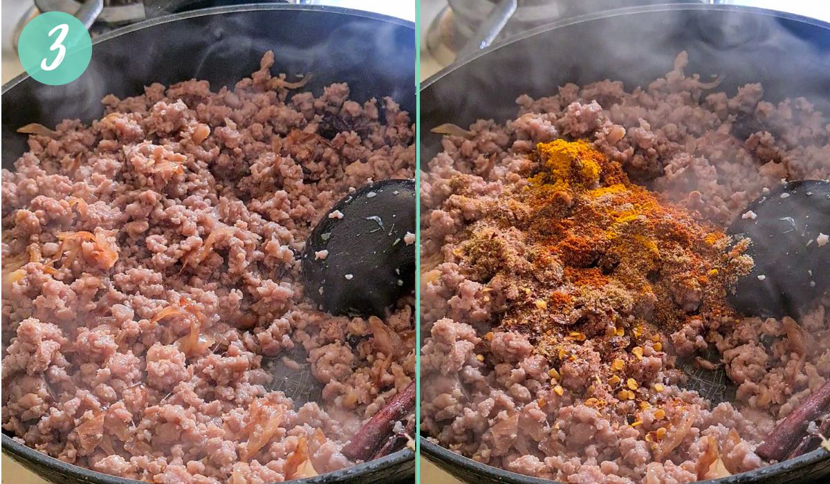 spices being added to fried keema