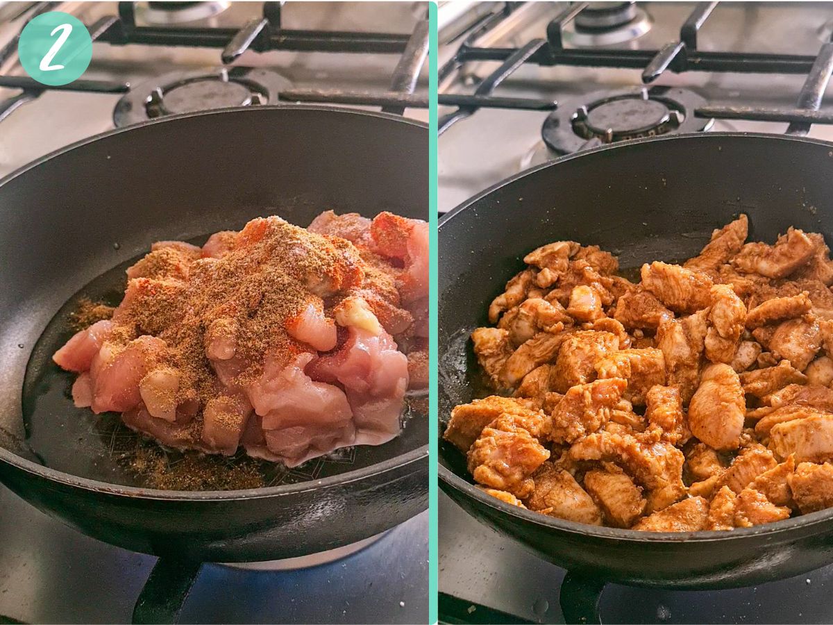 raw chicken mixed with spices in oil in a pot to get nice even brown color