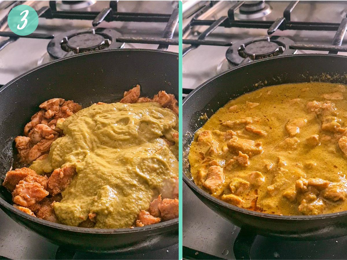 curry paste added to sauteed chicken and cooked through to make chicken curry