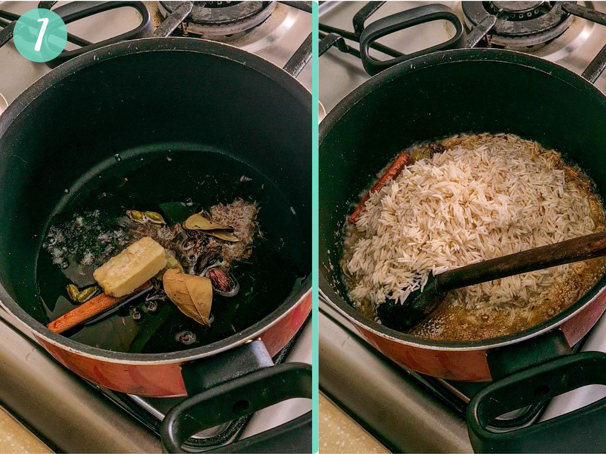 whole spices added in oil in a pot, then uncooked rice added