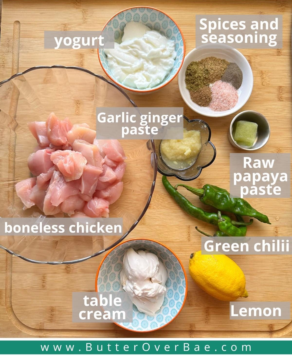 chicken malai boti ingredients shown.