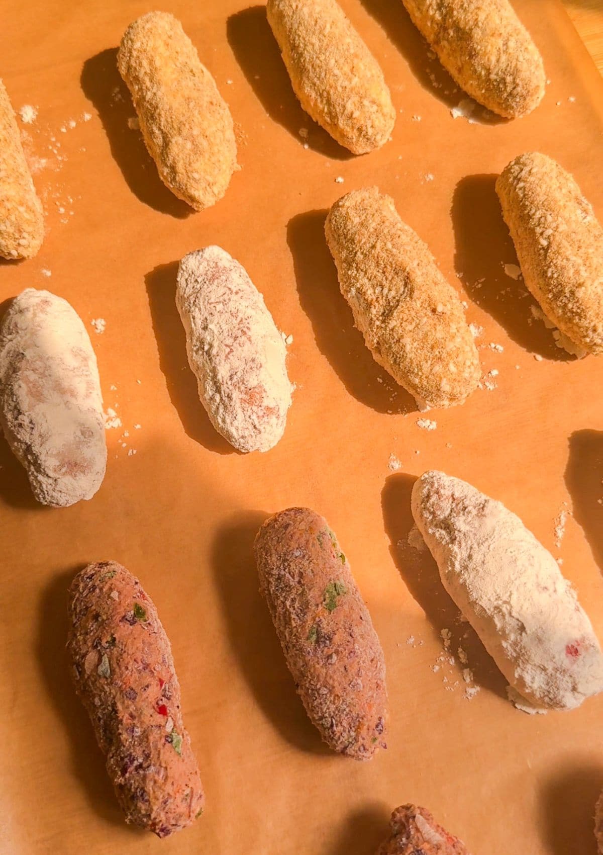 crumb coating croquettes on a parchment paper.