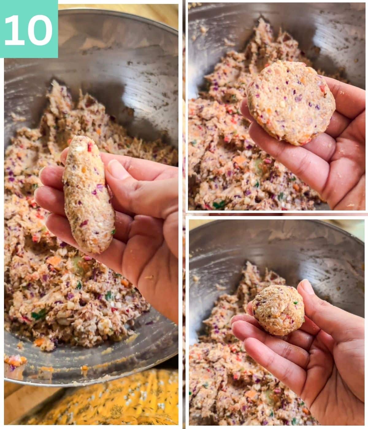 3 different shapes of croquettes forming shown: cigar, patty and ball.