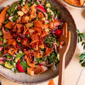 Fattoush salad assembled in a bowl.