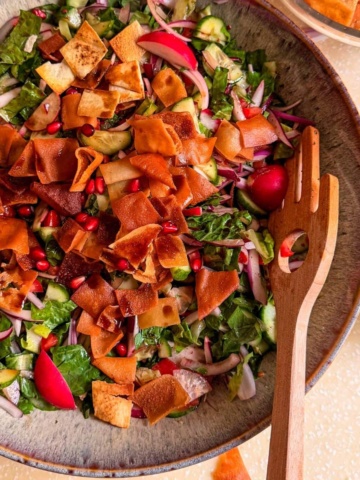 Fattoush salad assembled in a bowl.