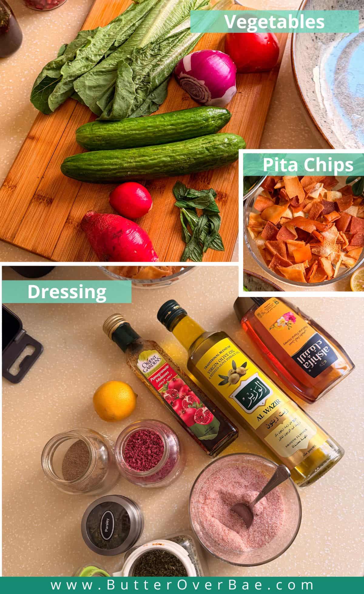 Ingredients labelled for fattoush.