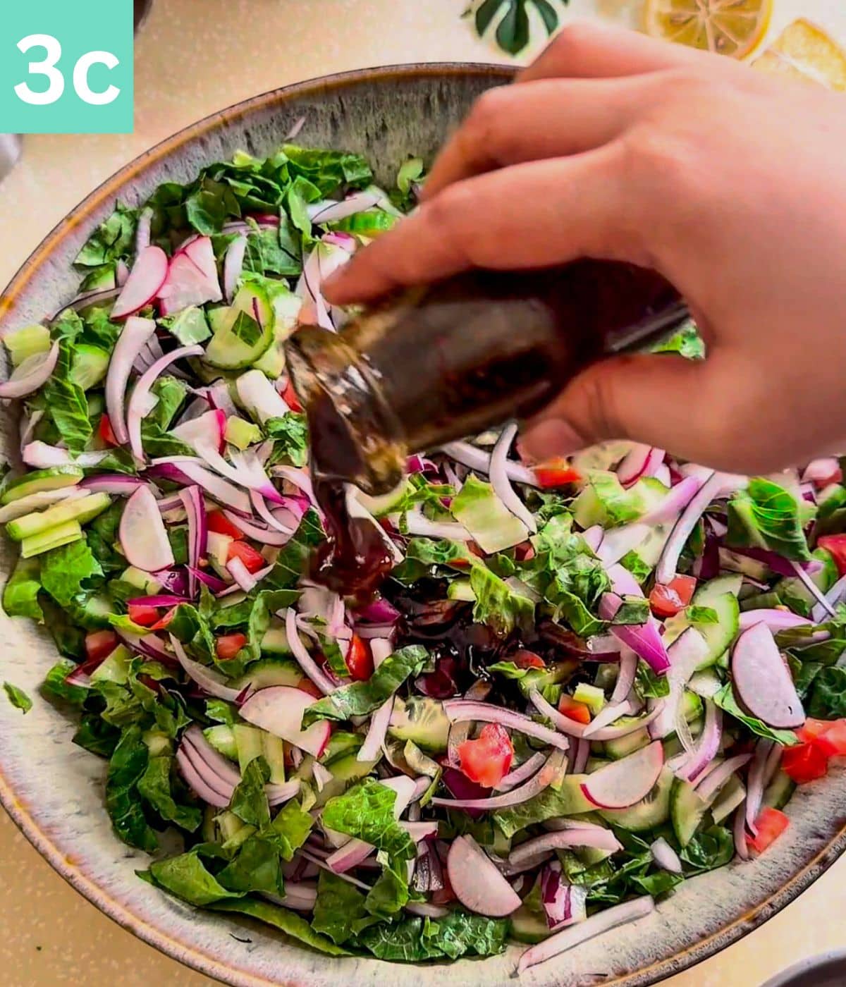 salad dressing drizzled on the vegetables. 