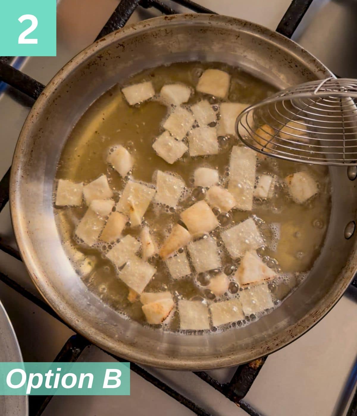 pita chips frying in oil.